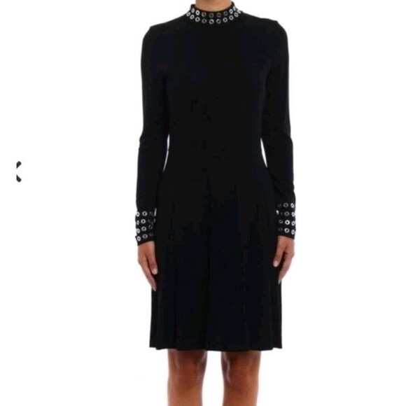 Michael Kors NWT LARGE Black Midi Dress with Silver Grommets on Neck and Wrists - Picture 2 of 16